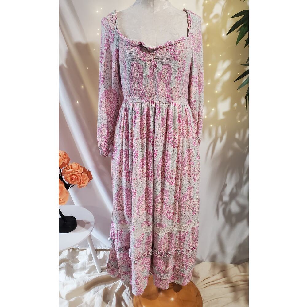 Penelope Rose Smocked Floral Ruffle Tiered Midi Dress Size XL Prairie Cottage